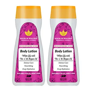 House of Wellness White Lily with Vitamin C and Argan Oil Body Lotion for All Skin Type | Natural Nourishing Non Sticky Moisturiser for Soft Skin Pack of 2 (200ml x 2)