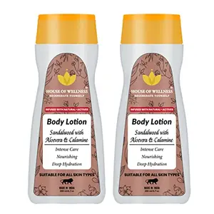 House of Wellness Sandalwood with Aloevera and Calamine Body Lotion for All Skin Type Natural Nourishing Non Sticky Moisturiser for Soft Skin - Pack of 2 (200ml x 2)