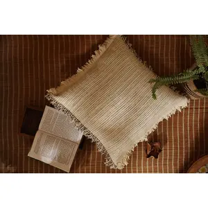 Vanchai Stripped Organic Cotton Cushion cover with fringes (18" x 18")
