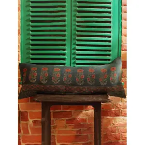 Vanchai Ajrak Indigo Green Handcrafted Organic Cotton Cushion cover (14" x 35")