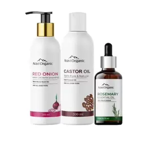 Aravi Organic Pressed Castor Carrier Oil 200ml Onion Hair Shampoo 200ml & Rosemary Essential Oil 15ml Combo (Pack of 3)