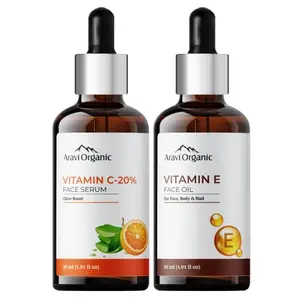 Aravi Organic 20% Vitamin C Serum & Vitamin E Oil For Face Whitening Pigmentation Radiant Skin Body Nail Dry Skin - (30 ml Each)