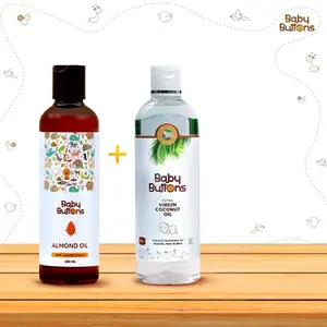 BabyButtons 100% Natural Pure Sweet Almond Oil & Virgin Coconut Oil Combo | Moisturizing & Healing For Skin & Hair | Pressed (250 ml + 200 ml)