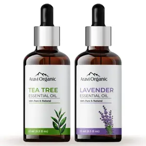 Aravi Organic Tea Tree and Lavender Essential Oil Combo Pack (15 ml + 15 ml) 100% Pure Undiluted Natural Aromatherapy Therapeutic Grade for Healthy Skin Face and Hair Care
