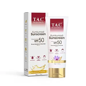 TAC - The Ayurveda Co. Kumkumadi Ultra Light SPF 50 with UVA/UVB PA+++ for Sun Protection Dull & Dry Skin for Women & Men All Skin Types 50gm