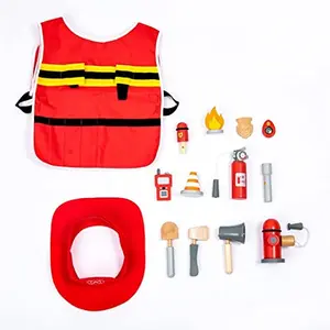 NESTA TOYS - Wooden Firefighter Pretend Play Toy with Fireman Costume Kit (14 Pcs)