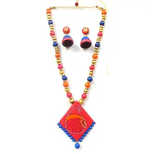 Karru Krafft Women's Handcrafted Terracotta Necklace Set Traditional Red Hand Painted Jewellery Set