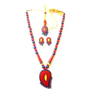Karru Krafft Women's Handcrafted Terracotta Necklace Set Traditional Red & Yellow Hand Painted Jewellery Set 