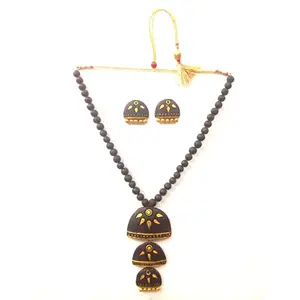 Karru Krafft Women's Handcrafted Terracotta Necklace Set Traditional Black Hand Painted Jewellery Set 