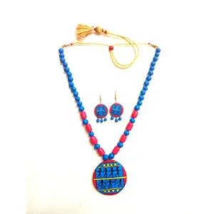 Karru Krafft Women's Handcrafted Terracotta Necklace Set Traditional Blue Hand Painted Jewellery Set 