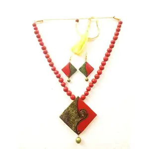 Karru Krafft Women's Handcrafted Terracotta Necklace Set Traditional Red Hand Painted Jewellery Set 