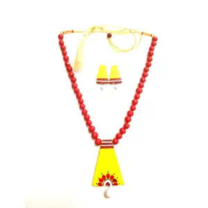 Karru Krafft Women's Handcrafted Terracotta Necklace Set Traditional Yellow Hand Painted Jewellery Set 