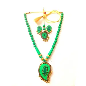 Karru Krafft Women's Handcrafted Terracotta Necklace Set Traditional Green Hand Painted Jewellery Set 