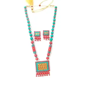 Karru Krafft Women's Handcrafted Terracotta Necklace Set Traditional Red & Green Hand Painted Jewellery Set 