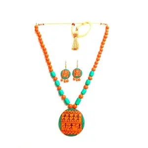 Karru Krafft Women's Handcrafted Terracotta Necklace Set Traditional Orange Hand Painted Jewellery Set 