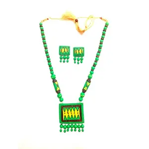Karru Krafft Women's Handcrafted Terracotta Necklace Set Traditional Green & Yellow Hand Painted Jewellery Set 