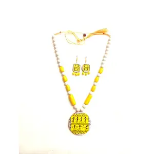 Karru Krafft Women's Handcrafted Terracotta Necklace Set Traditional White Hand Painted Jewellery Set 