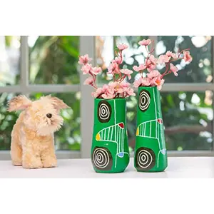 Karru Krafft Handcrafted Terracotta Clay Geometric Printed Green Flower Vase for Indoor / Home Decoration Set of 2 (19.05 x 10.16 x 19.05 cm)