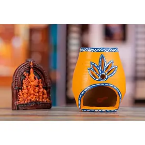 Karru Krafft Handcrafted Terracotta Oil Diffuser/ Kapoor Burner/ Holder and Durga Idol Set for Home Fragrance Pooja Decor Festive Decor Diwali Decor Festive Gifting