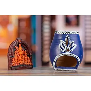 Karru Krafft Handcrafted Terracotta Oil Diffuser/ Holder / Kapoor Burner and Durga Idol Set for Home Fragrance Pooja Decor Festive Decor Diwali Decor Festive Gifting (BLUE)