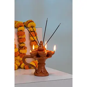 Karru Krafft Wheel Thrown Terracotta Stand Panch Diya with Handle and Incense Stick Holder for Pooja Decor Navaratri Decor Diwali Lighting Diwali Gifting Home Decor