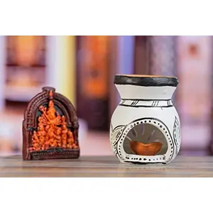 Karru Krafft Handcrafted Terracotta Oil Diffuser/ Kapoor Burner/ Holder and Durga Idol Set for Home Fragrance Festive Decor Diwali Decor Clay Home Aroma Fragrance (WHITE)