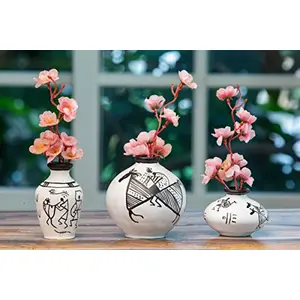 Karru Krafft Handmade Terracotta Clay Warli Printed White Flower Vase for Indoor / Home Decoration Table Top Resort Decoration and Ideal for Gifting Set of 3 Blue (12.03 x 11.70 x 10 cm)