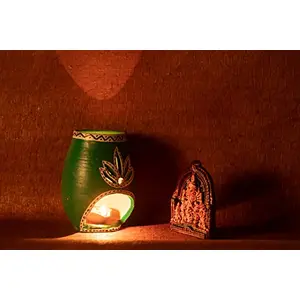 Karru Krafft Handcrafted Terracotta Oil Diffuser/ Kapoor Burner/ Holder and Durga Idol Set for Home Fragrance Festive Decor Diwali Decor Home Decor Mitti Aroma(GREEN)