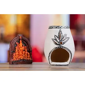 Karru Krafft Handcrafted Terracotta Oil Diffuser/ Kapoor Burner/ Holder and Durga Idol Set for Home Fragrance Pooja Decor Festive Decor Diwali Decor Mitti Aroma(WHITE)