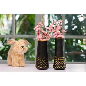 Karru Krafft Handcrafted Terracotta Clay Geometric Printed Black Flower Vase for Indoor / Home Decoration Set of 2 (19.05 x 10.16 x 19.05 cm)