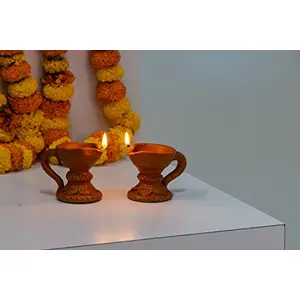 Karru Krafft Handcrafted Terracotta Stand Diya - Set of 2 for Pooja Decor Navaratri Decor Diwali Lighting Diwali Gifting Home Decor