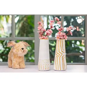 Karru Krafft Handcrafted Terracotta Clay Geometric Printed White Flower Vase for Indoor / Home Decoration Set of 2 (19.05 x 10.16 x 19.05 cm)