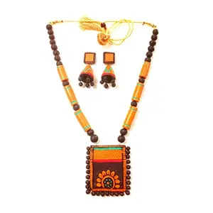 Karru Krafft Women's Handcrafted Terracotta Necklace Set Traditional Orange & Brown Hand Painted Jewellery Set 