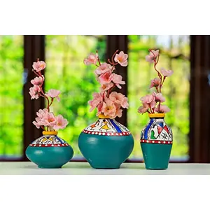 Karru Krafft Handcrafted Terracotta Clay Warli Printed Red Table Top Flower Vase for Table Top Indoor/Home Decoration Table Top Resort Decoration and Ideal for Gifting Set of 3 Green
