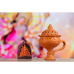 Karru Krafft Handcrafted Terracotta Dhunachi with Lid and Durga Idol for Home Fragrance Pooja DecorFestive Decor Diwali DecorHome Fragrance Decorative Stand Home FragranceFestive Gifting
