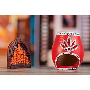 Karru Krafft Handcrafted Terracotta Oil Diffuser/ Kapoor Burner/ Holder and Durga Idol Set for Home Fragrance Pooja Decor Festive Decor Home Decor Mitti Aroma(RED)