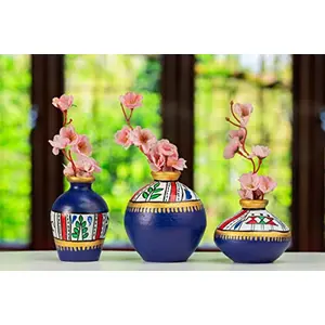 Karru Krafft Handcrafted Terracotta Clay Warli Printed Red Table Top Flower Vase for Table Top Indoor / Home Decoration Table Top Resort Decoration and Ideal for Gifting Set of 3 Blue