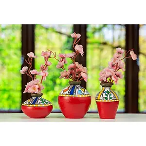 Karru Krafft Handcrafted Terracotta Clay Warli Printed Red Table Top Flower Vase for Table Top Indoor/Home Decoration Table Top Resort Decoration and Ideal for Gifting Set of 3 Red