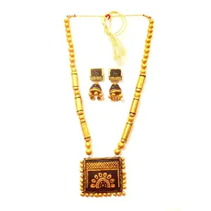 Karru Krafft Women's Handcrafted Terracotta Necklace Set Traditional Black & Golden Hand Painted Jewellery Set 