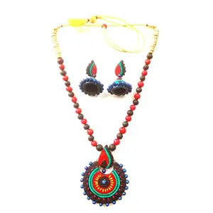 Karru Krafft Women's Handcrafted Terracotta Necklace Set Traditional Red & Black Hand Painted Jewellery Set 