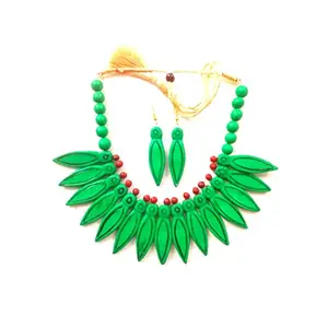 Karru Krafft Women's Handcrafted Terracotta Necklace Set Traditional Green Hand Painted Jewellery Set 