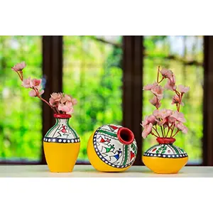 Karru Krafft Handcrafted Terracotta Clay Warli Printed Red Table Top Flower Vase for Table Top Indoor/Home Decoration Table Top Resort Decoration and Ideal for Gifting Set of 3 Yellow