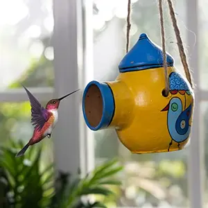 Karru Krafft Terracotta Clay Bird Home Bird Feeder Birds Food Container Serving Bowl for Sparrow Pig Squirrel Parrot Hanging On Tree/Balcony/Roof (Yellow)