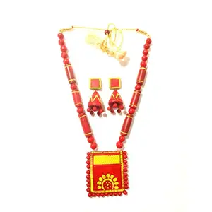 Karru Krafft Women's Handcrafted Terracotta Necklace Set Traditional Red & Yellow Hand Painted Jewellery Set 