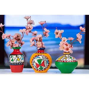 Karru Krafft Handcrafted Terracotta Clay Warli Printed Red Table Top Flower Vase for Table Top Indoor/Home Decoration Table Top Resort Decoration and Ideal for Gifting Set of 3 Multi Colour