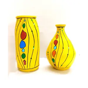 Karru Krafft Handmade Teracotta HandPrinted 7.5 Inch Flower Vase for Home Decoration MotherDay Gifting Corporate Gifting day Gifting Return Gifts Set of 2 (Yellow)