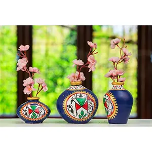 Karru Krafft Wheel Thrown Terracotta Clay Traditional Printed Red Table Top Flower Vase for Table Top Indoor/Home Decoration Table Top Resort Decoration and Ideal for Gifting Set of 3 Blue