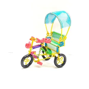 Karru Krafft Handcrafted Iron Wire and Spring Made 4.5 inches Multi-Coloured Rickshaw Showpiece for Home Decoration 