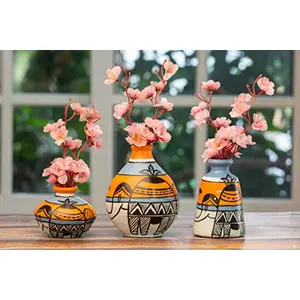 Karru Krafft Handmade Terracotta Clay Madhubani Printed Grey Flower Vase for Indoor / Home Decoration Table Top Resort Decoration and Ideal for Gifting Set of 3 Blue (17.05 x 14.02 x 10.15 cm)