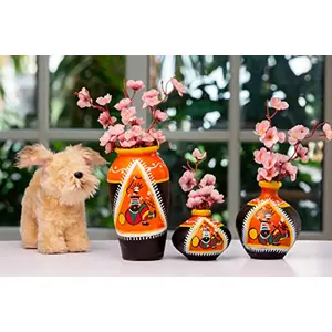 Karru Krafft Handmade Terracotta Clay African Printed Firozi Flower Vase for Indoor / Home Decoration Table Top Resort Decoration and Ideal for Gifting Set of 3 Black (17.05 x 15.06 x 10.15 cm)